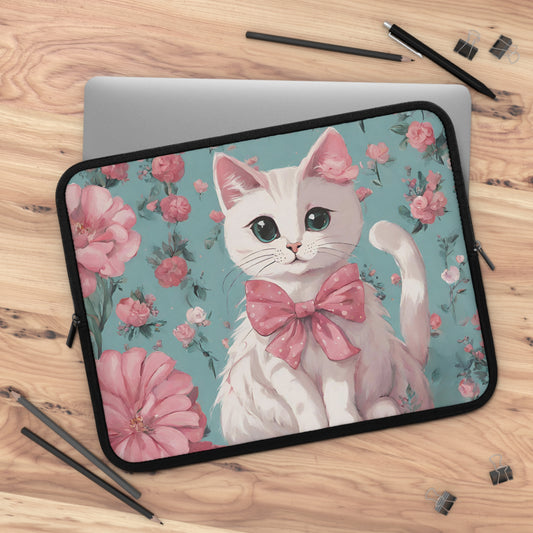 Cute Cat Laptop Sleeve, Floral Cat laptop case, Vintage Victorian Laptop case, cottagecore aesthetic, Girly Cat and flowers Laptop sleeve