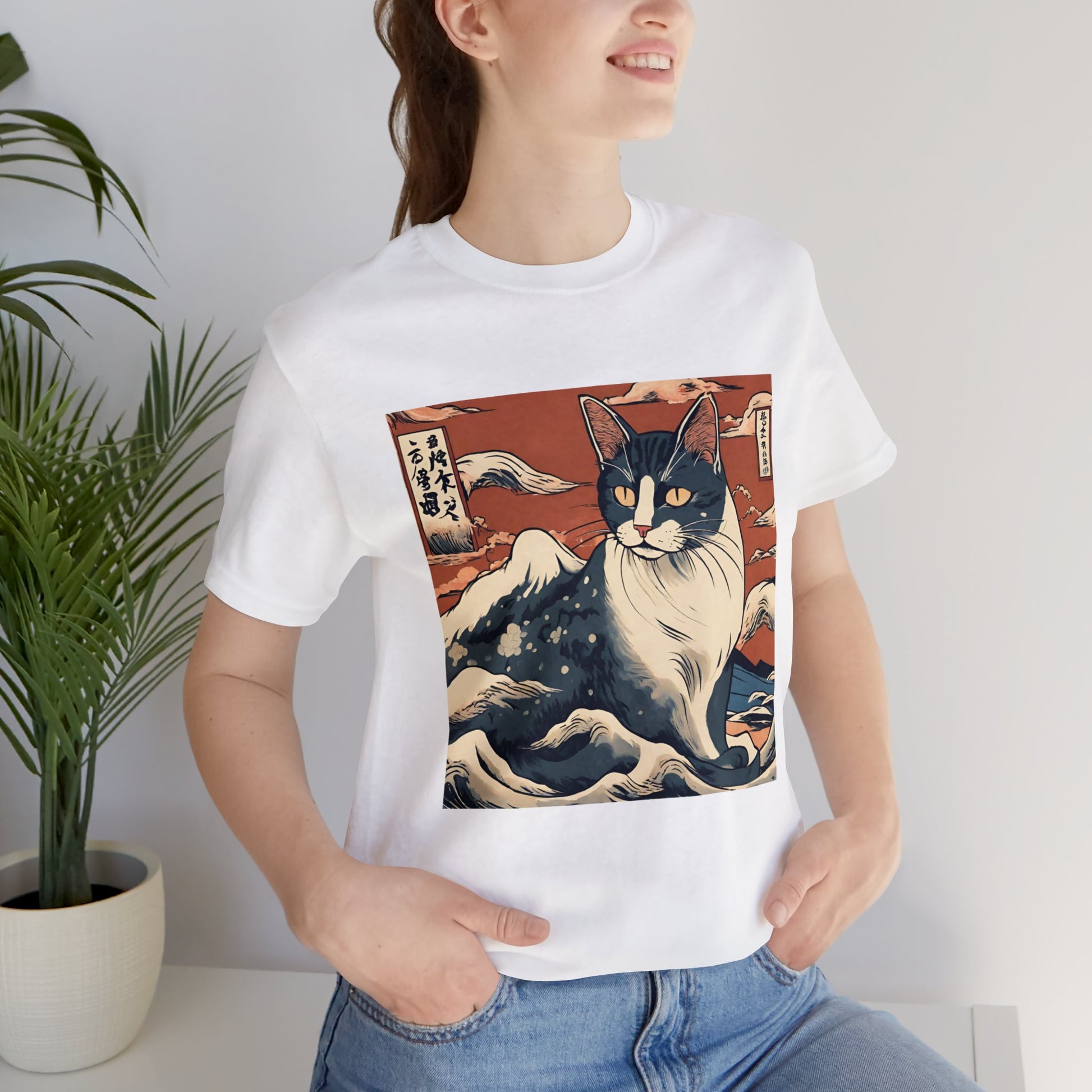 Cat Ukiyo-e style art T-shirt, cat japanese aesthetic Unisex Short Sleeve Tee, cat japan-themed art print shirt, The Great Wave tee shirt