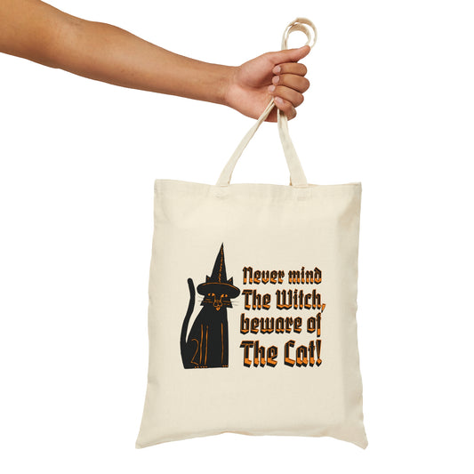 Witch black cat Canvas Tote Bag, cat mom magical shoulder bag, mystical gothic grocery bag, cat familiar reusable tote, vintage shopping bag