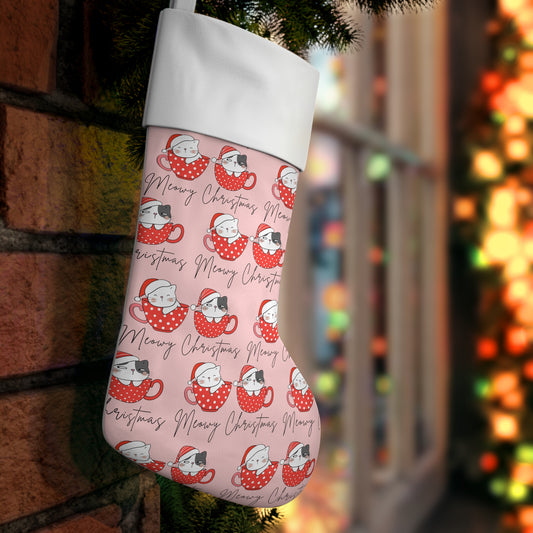 Cute Cats Merry Xmas pattern Stocking, Kawaii cats with red Santa's hat Christmas Holiday Stocking, Funny Cats Merry Christmas decoration