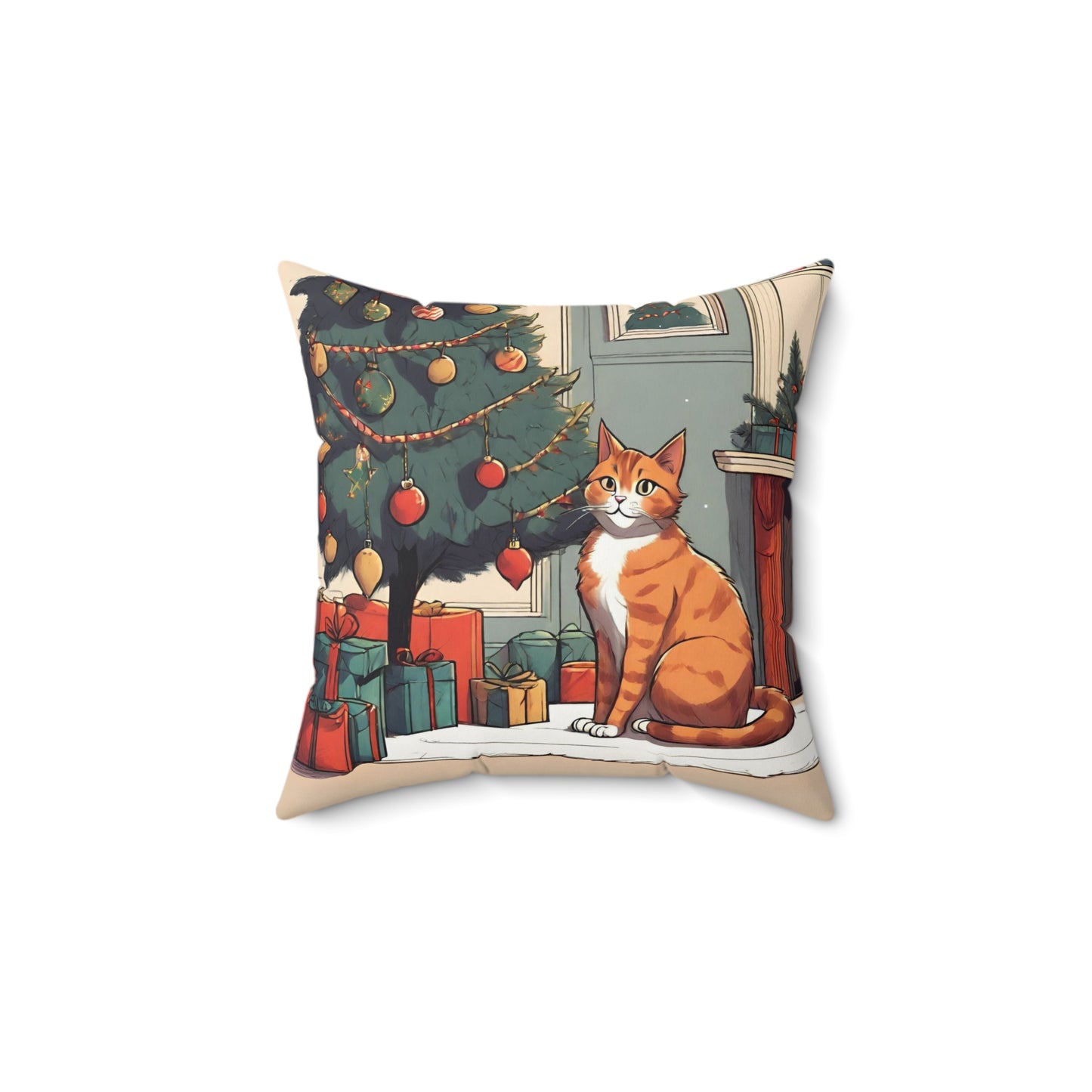 Cozy Ginger Cat Christmas Pillow