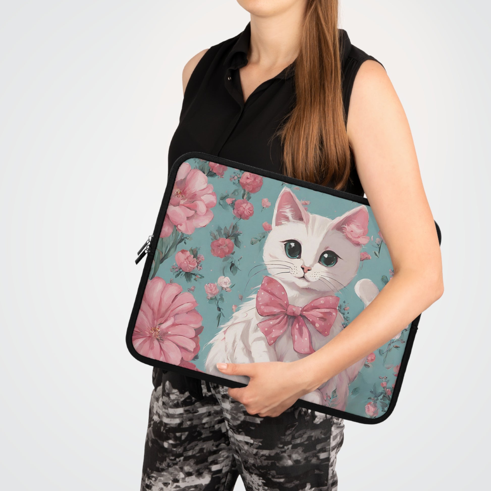 Cute Cat Laptop Sleeve, Floral Cat laptop case, Vintage Victorian Laptop case, cottagecore aesthetic, Girly Cat and flowers Laptop sleeve