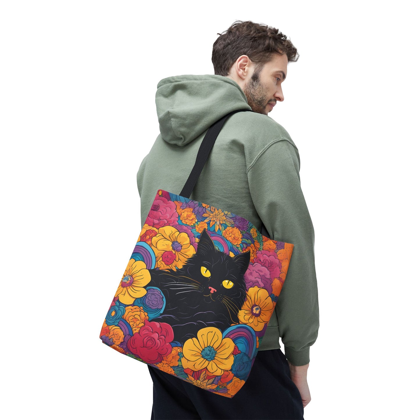 Floral Black Cat Canvas Tote Bag