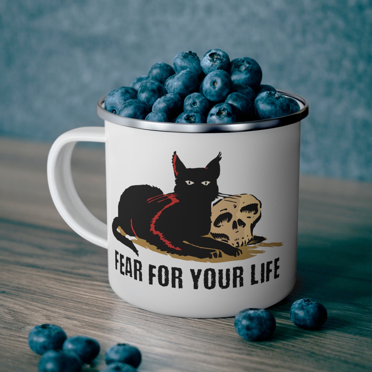 Black Cat Says Fear For Your Life Enamel Mug, Sarcastic cat mug, Cat lover mug, Funny cat mug, Spooky cat coffee mug, Creepy camping mug