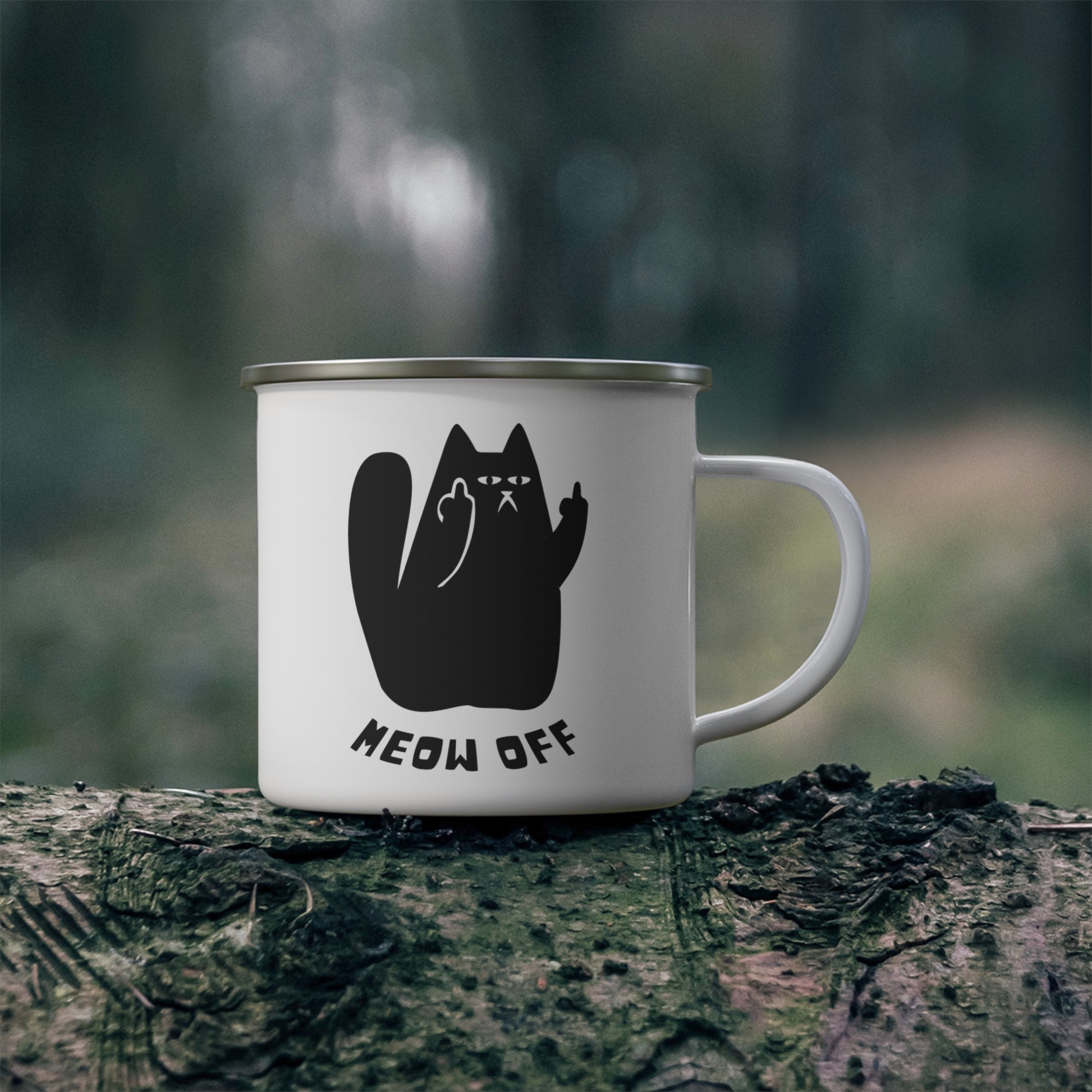 Funny cat cup, sarcastic cat Mug, Black Cat pointing middle finger and says meow off Mug, Fuck you cat Enamel Camping Mug