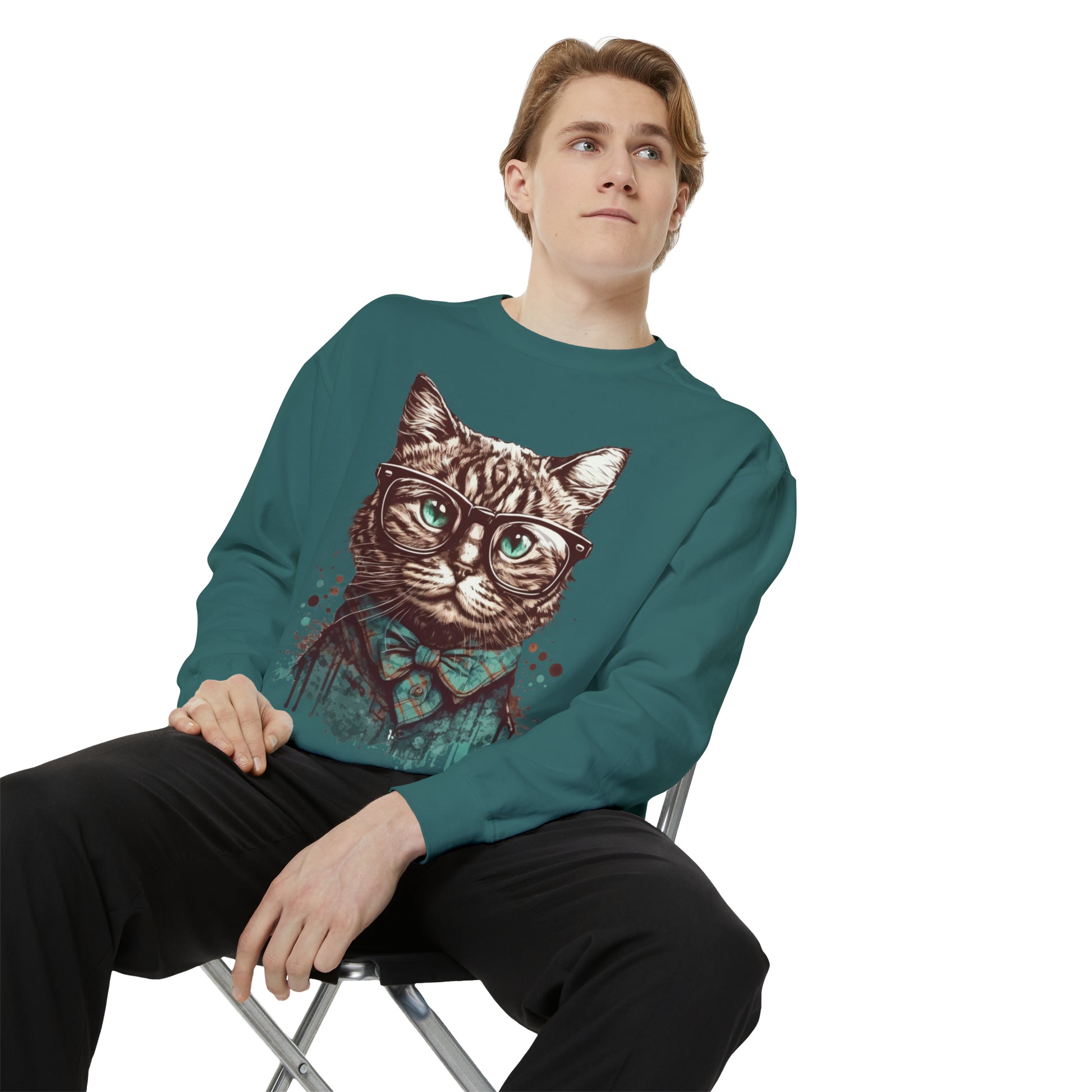 Nerd Cat Unisex Garment-Dyed Sweatshirt, Geeky cat Comfort Colors sweater, Cute cat pullover, Nerdy cat jumper, cozy gift for cat lovers