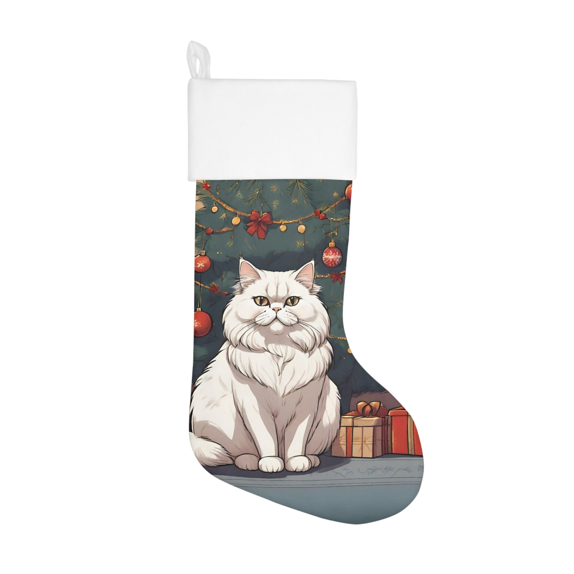 White Persian cat Xmas Stocking, Cute cat Christmas Holiday Stocking, Cat festive christmas decoration, cozy Persian cat Christmas decor