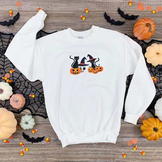 Cat Halloween sweatshirt, Pumpkin and black cat Crewneck Sweatshirt, Spooky Season pullover, witchy cats jumper, cat and skull sweater