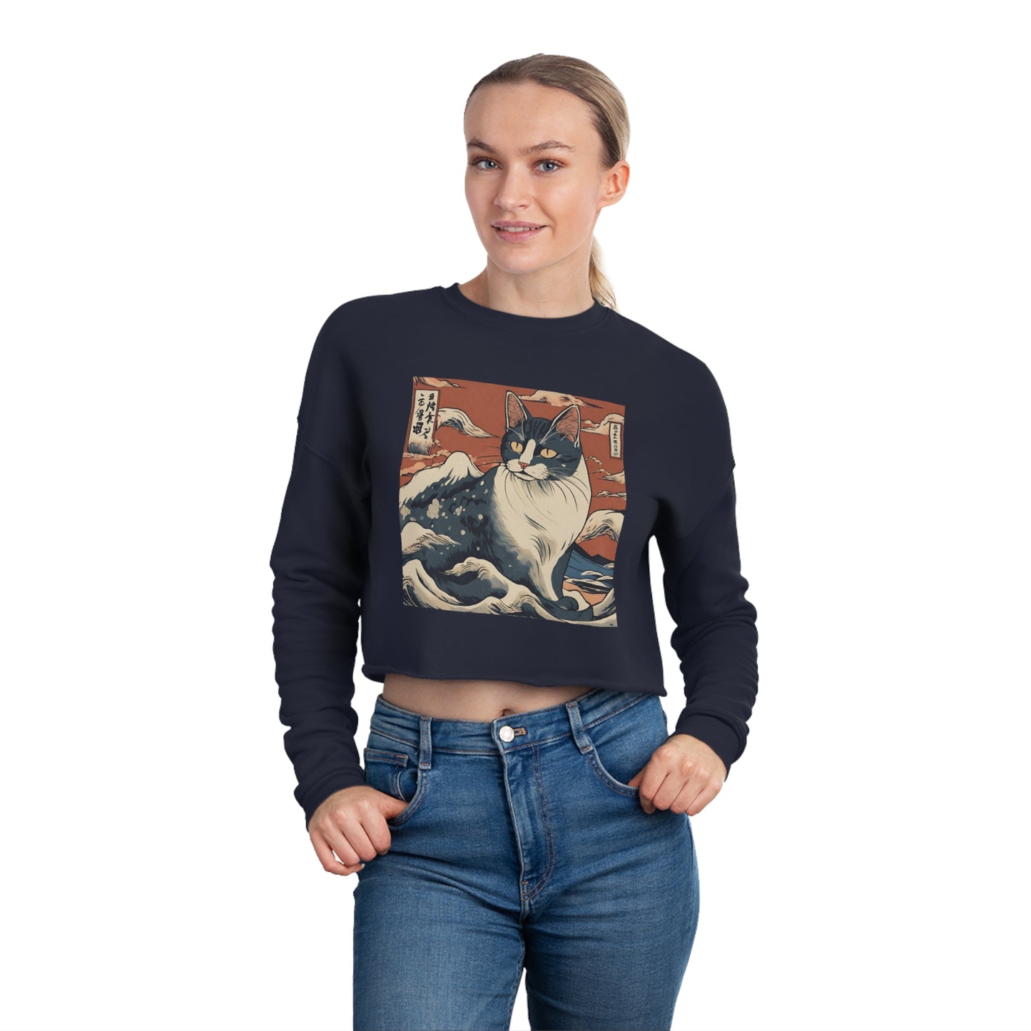 The great wave Cat Women's Cropped Sweatshirt