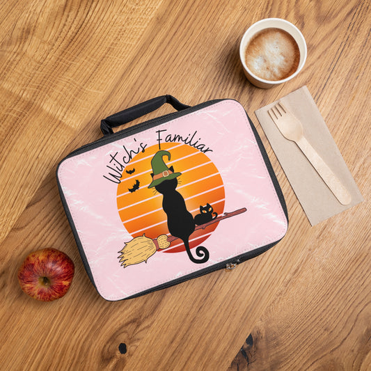 Cat Retro Vintage Sunset Lunch Bag, Black Cat Familiar picnic bag, Spooky Season lunch tote, cute magical picnic tote, Witchy Cat lover gift