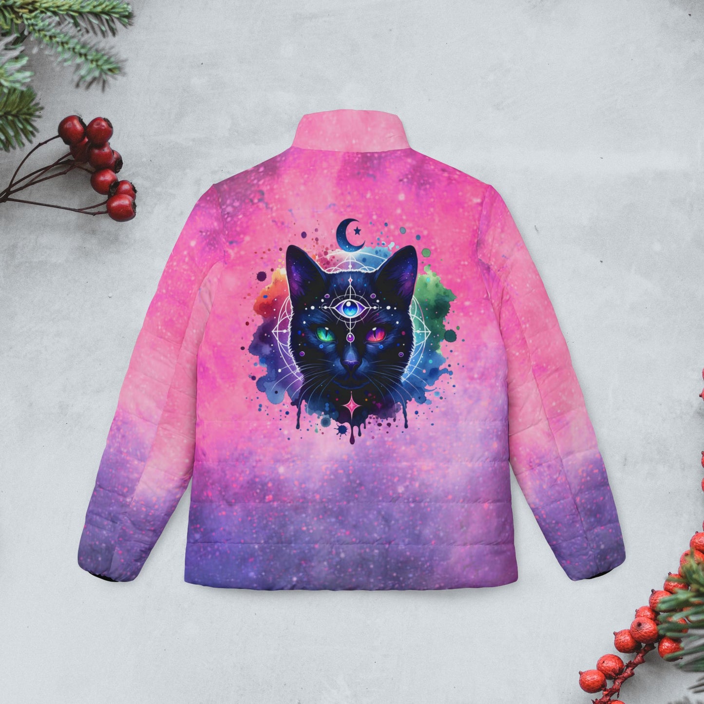 Cosmic Black Cat Puffer Jacket