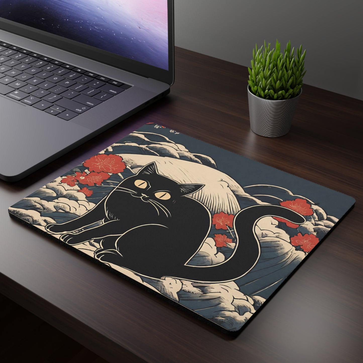 Funny Black Cat Japanese Art Rectangular Mouse Pad