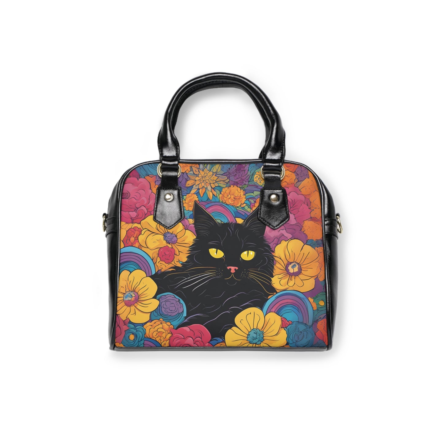 Black Cat Floral Shoulder Handbag