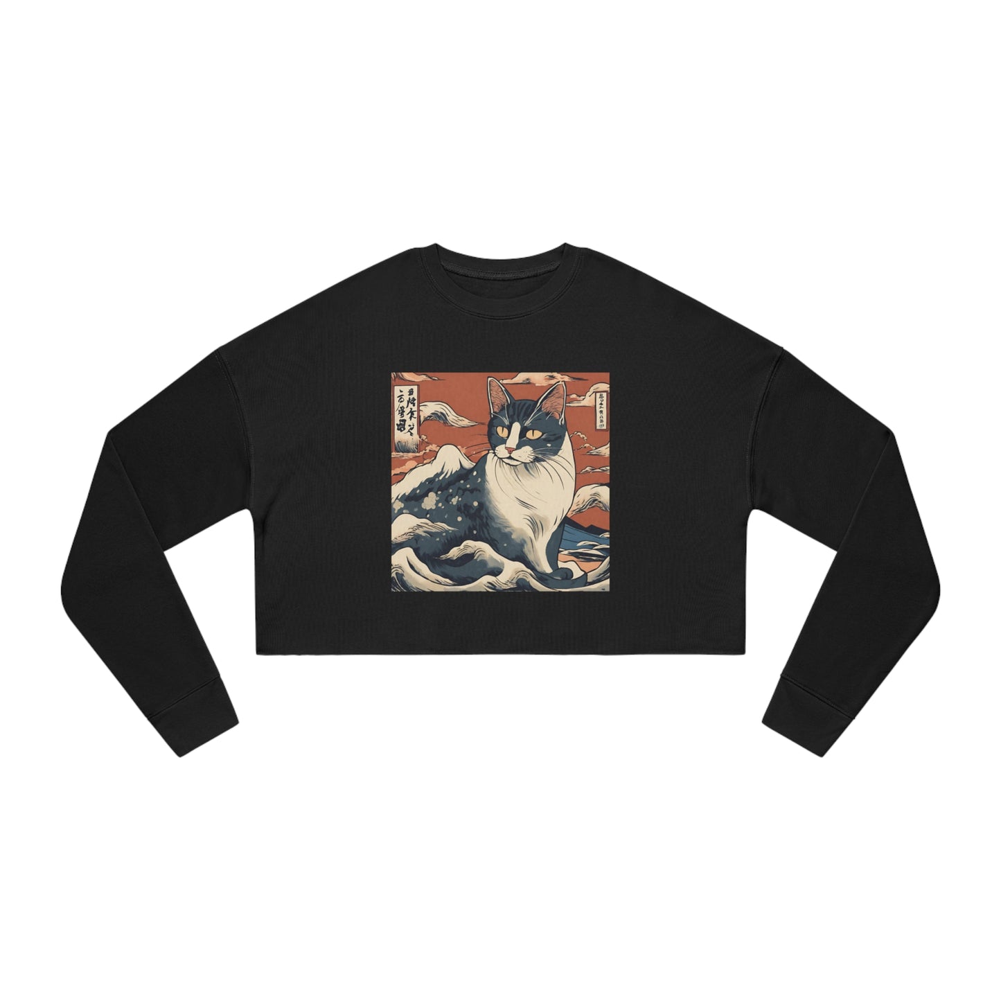 The great wave Cat Women's Cropped Sweatshirt