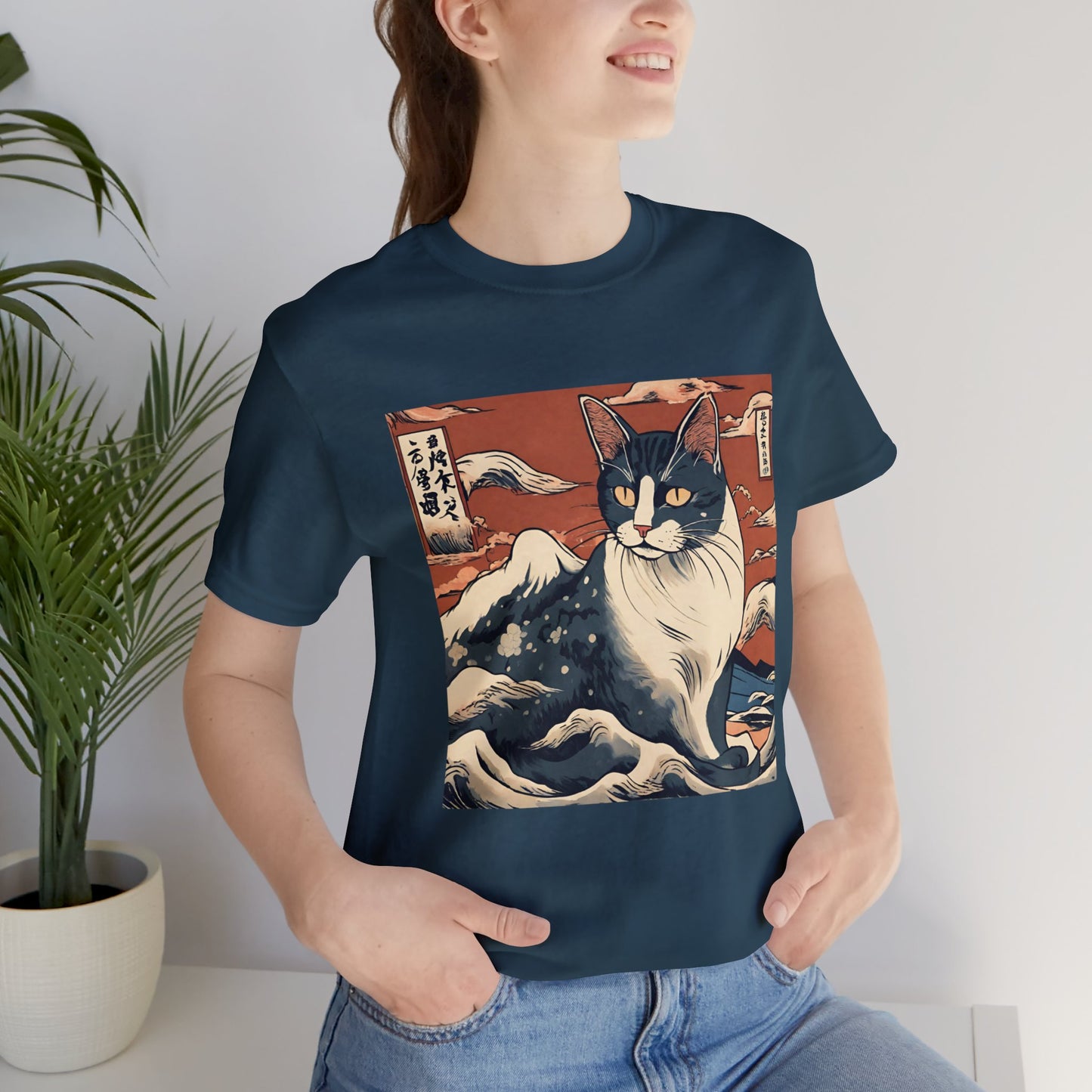 Cat Ukiyo-e style art T-shirt, cat japanese aesthetic Unisex Short Sleeve Tee, cat japan-themed art print shirt, The Great Wave tee shirt