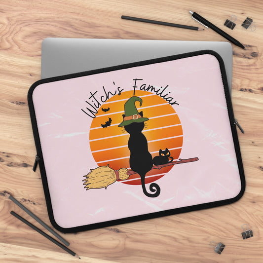 Witchy Cat Retro Vintage Sunset Laptop Sleeve, Black Cat Familiar laptop case, Spooky Season Laptop case, Cute Mystical magical laptop case