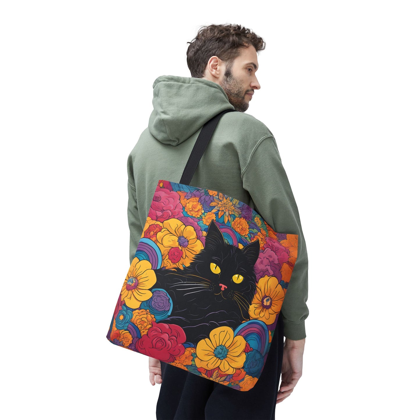 Floral Black Cat Canvas Tote Bag