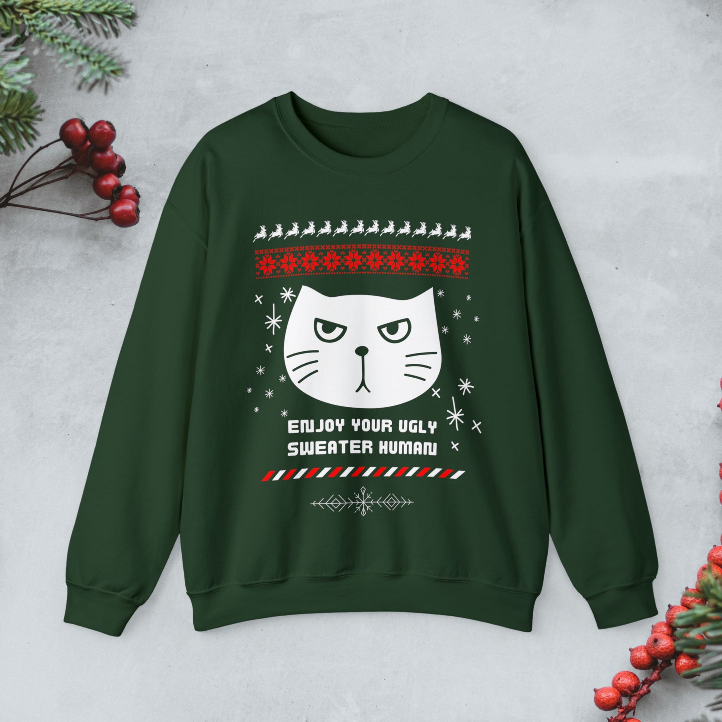 Cat says "Enjoy Your Ugly Sweater Human" Sweatshirt, fall cat Merry Christmas ugly sweater, Cute cat Pullover, Funny Cat xmas sweatshirt