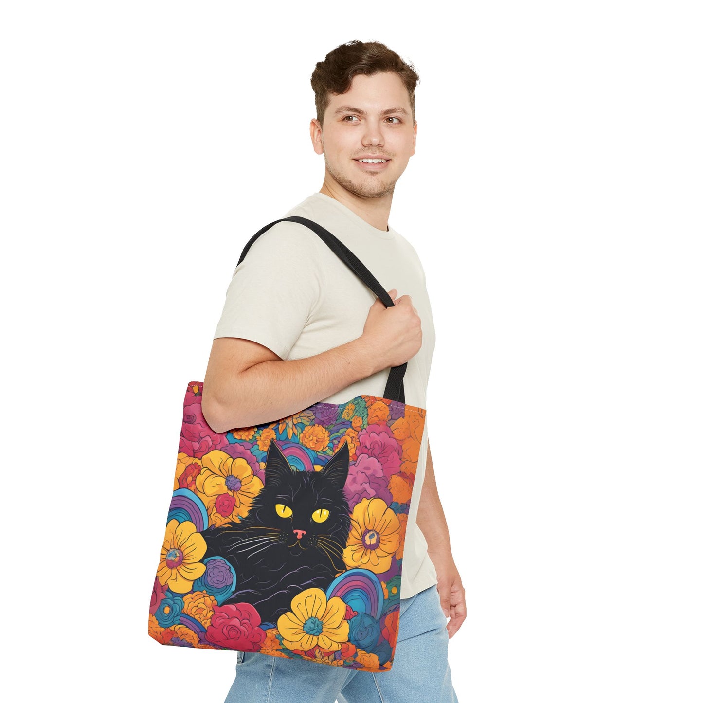 Floral Black Cat Canvas Tote Bag