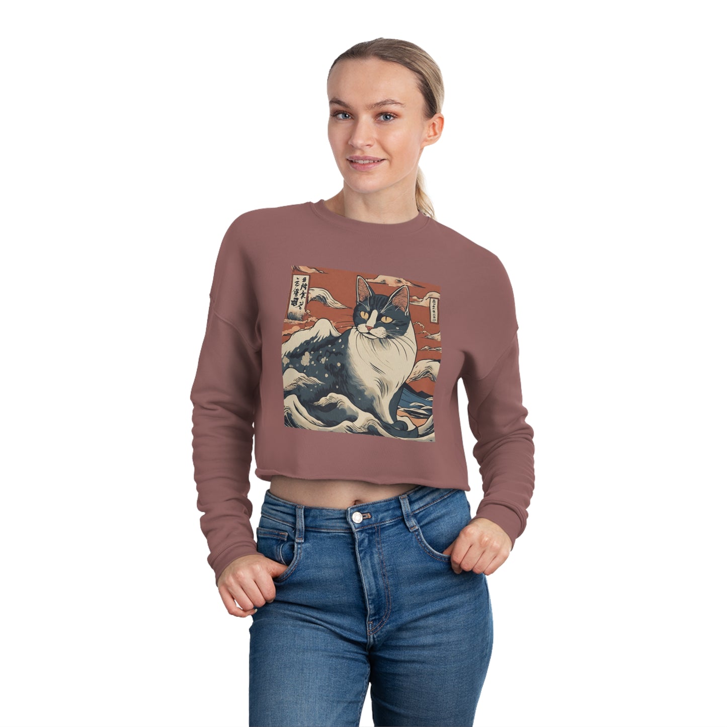 The great wave Cat Women's Cropped Sweatshirt