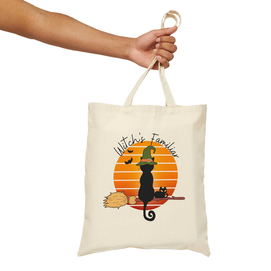 Witchy Cat Retro Vintage Sunset Tote Bag, Black Cat Familiar shopping bag, Spooky Season grocery bag, Cute Mystical Whimsical reusable tote