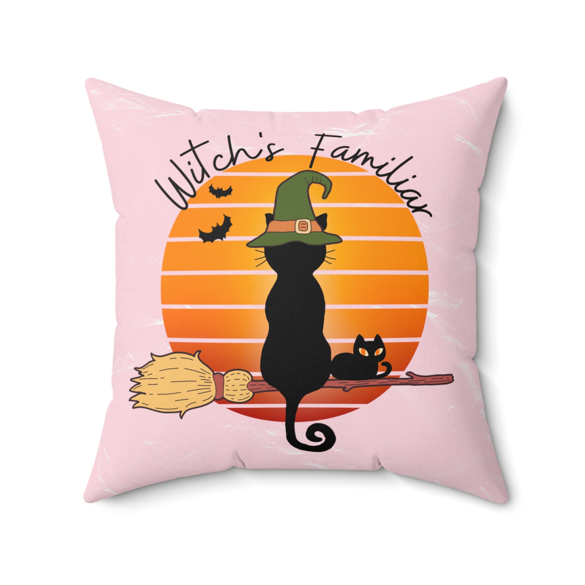 Witchy Cat Retro Vintage Sunset Square Pillow, Black Cat Familiar Pillow, Whimsical cushion, Celestial home decor, Mystical magical pillow