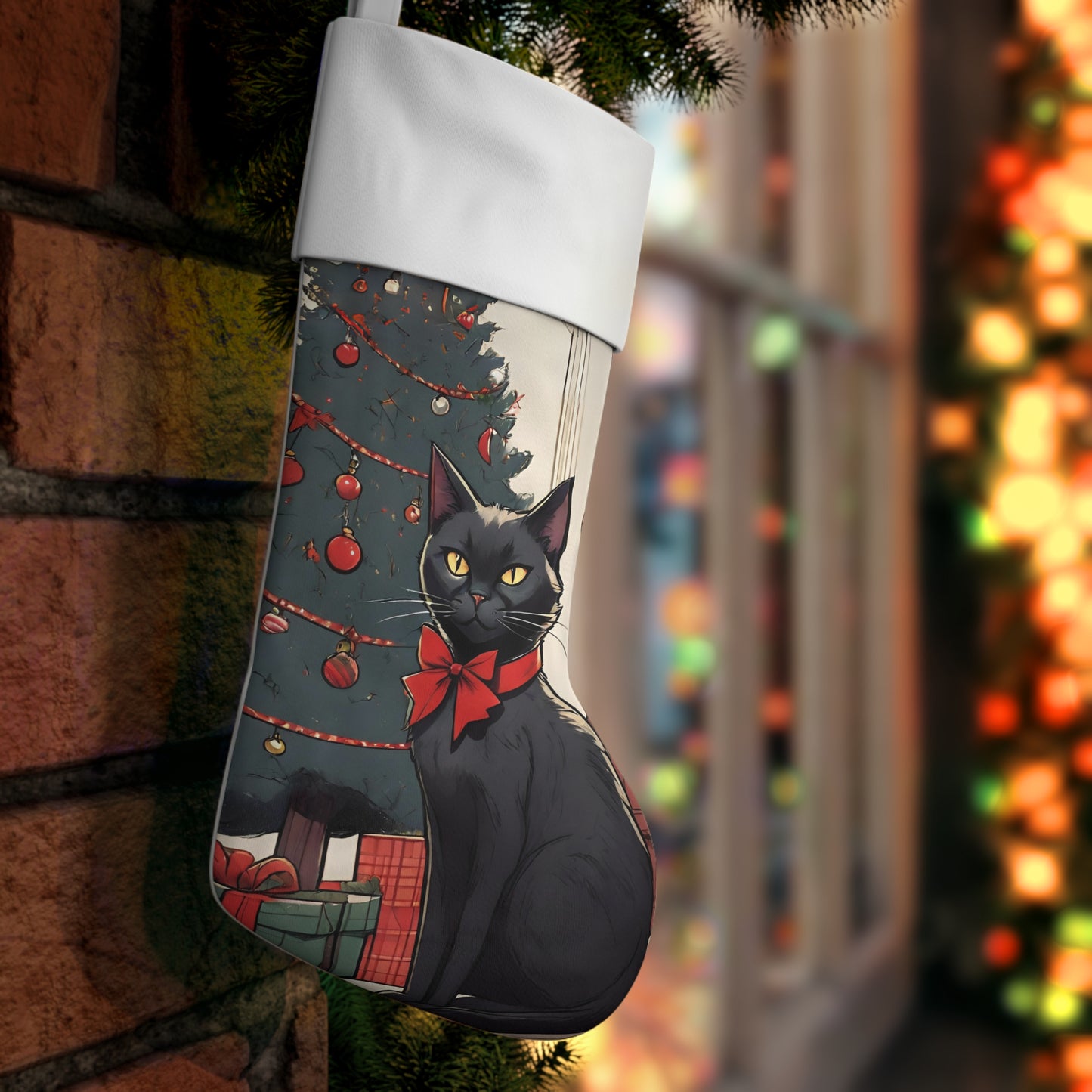 Black cat Xmas Stocking, Cute cat Christmas Holiday Stocking, Black cat festive christmas decoration, cozy black cat Christmas home decor