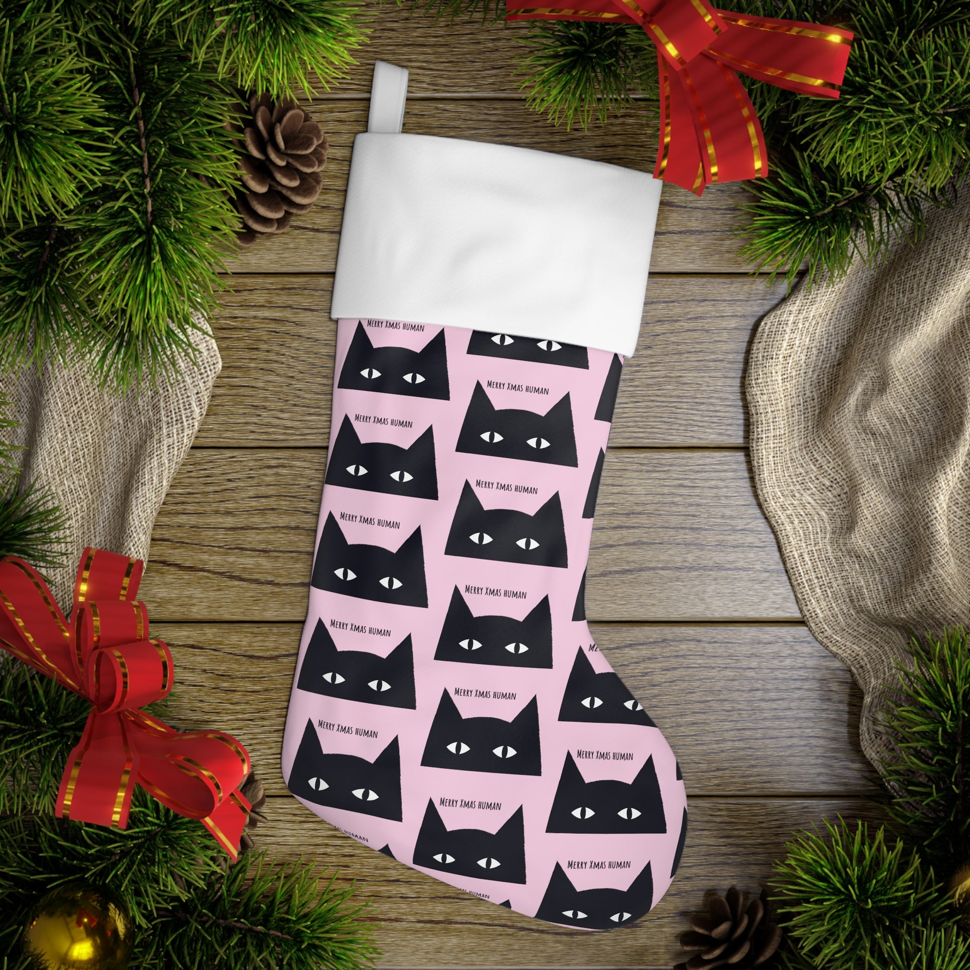 Black cat says "Merry Xmas Human" pattern Holiday Stocking, Christmas Holiday Stocking, black cat Xmas Holiday Stocking, Black cat gift