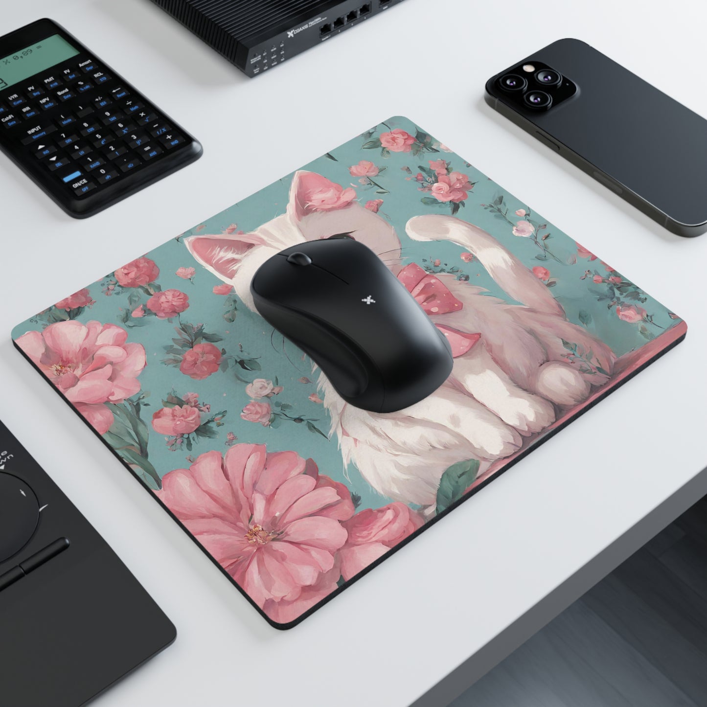 White Cat and Flowers Mouse Pad