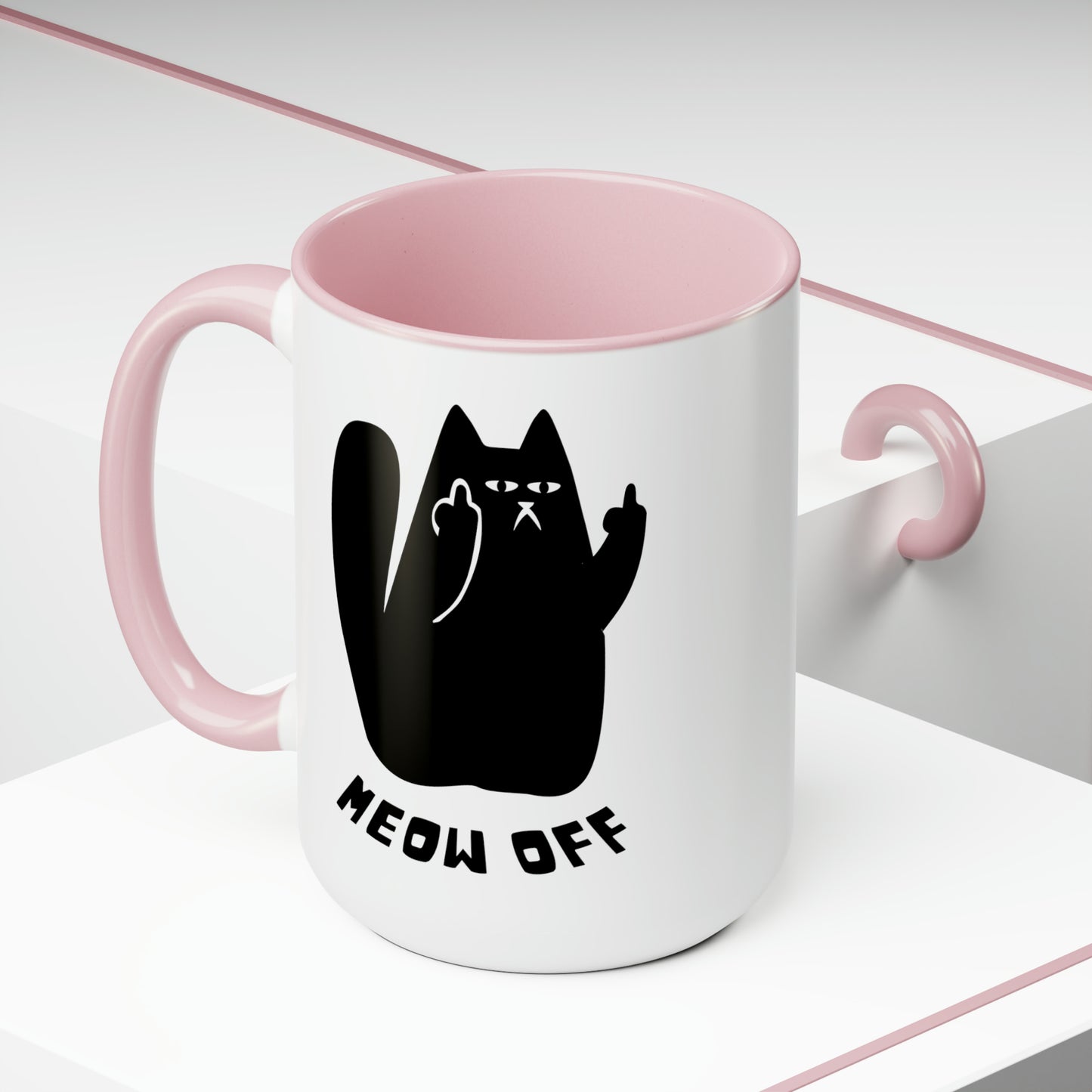 Black Cat pointing middle finger and says meow off Mug 15oz