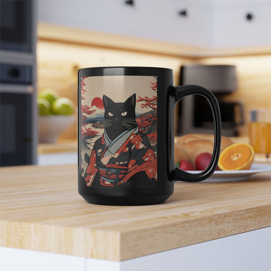 Black Cat Ukiyo-e Style Black Mug (11oz, 15oz)