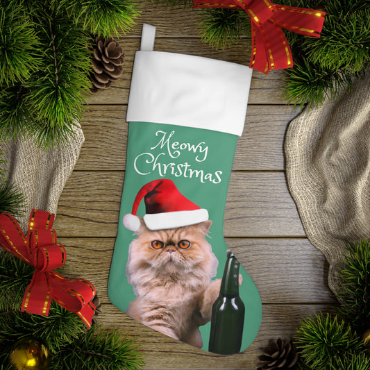 Drunk Persian cat Merry Xmas Stocking, Funny cat with red Santa's hat Christmas Holiday Stocking, Cat and beer bottle Merry Christmas decor