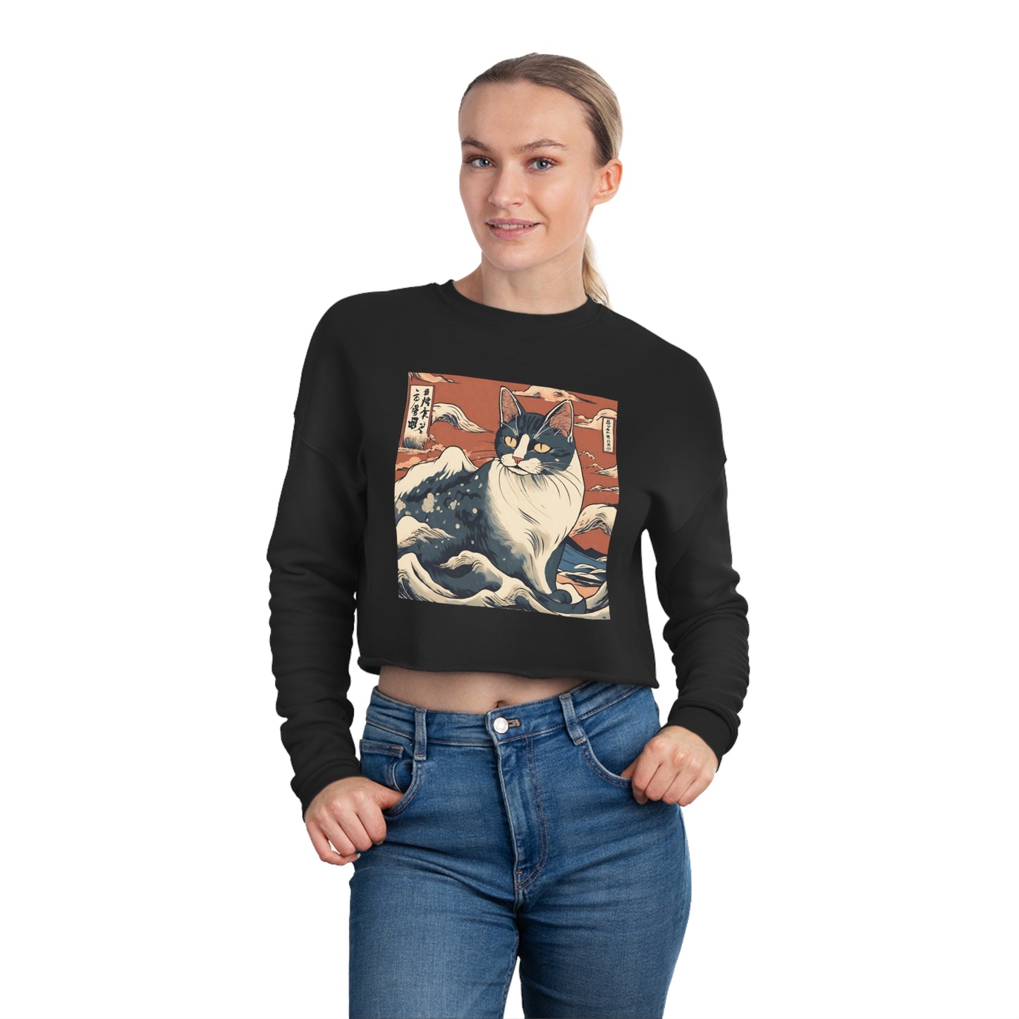 The great wave Cat Women's Cropped Sweatshirt