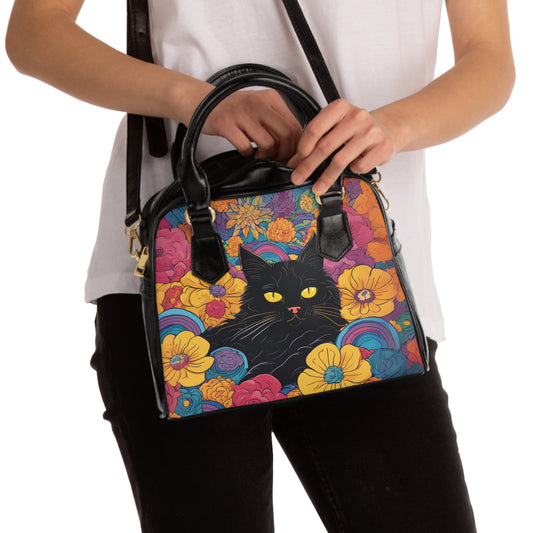 Black Cat Floral Shoulder Handbag