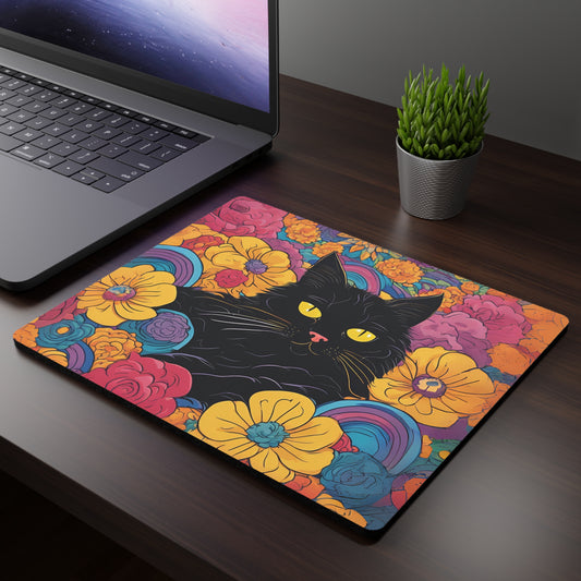 Floral Black Cat Rectangular Mouse Pad