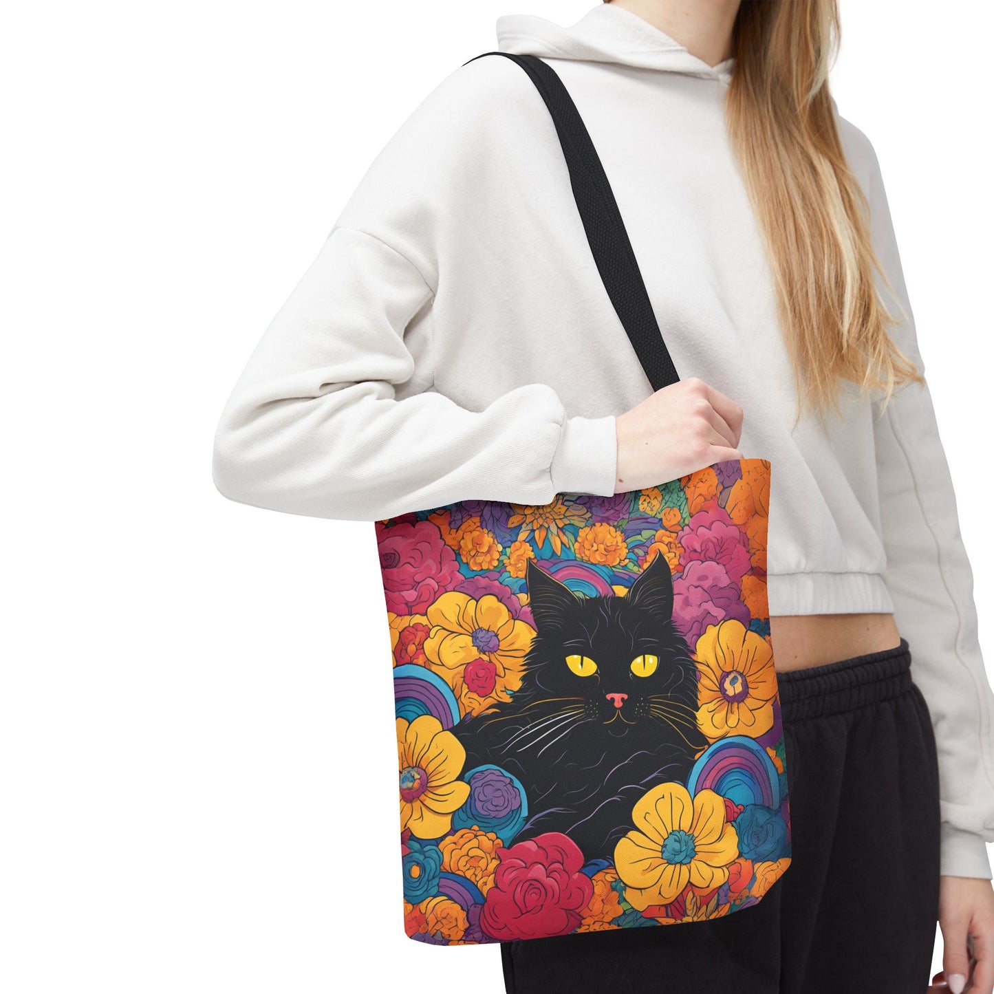 Floral Black Cat Canvas Tote Bag