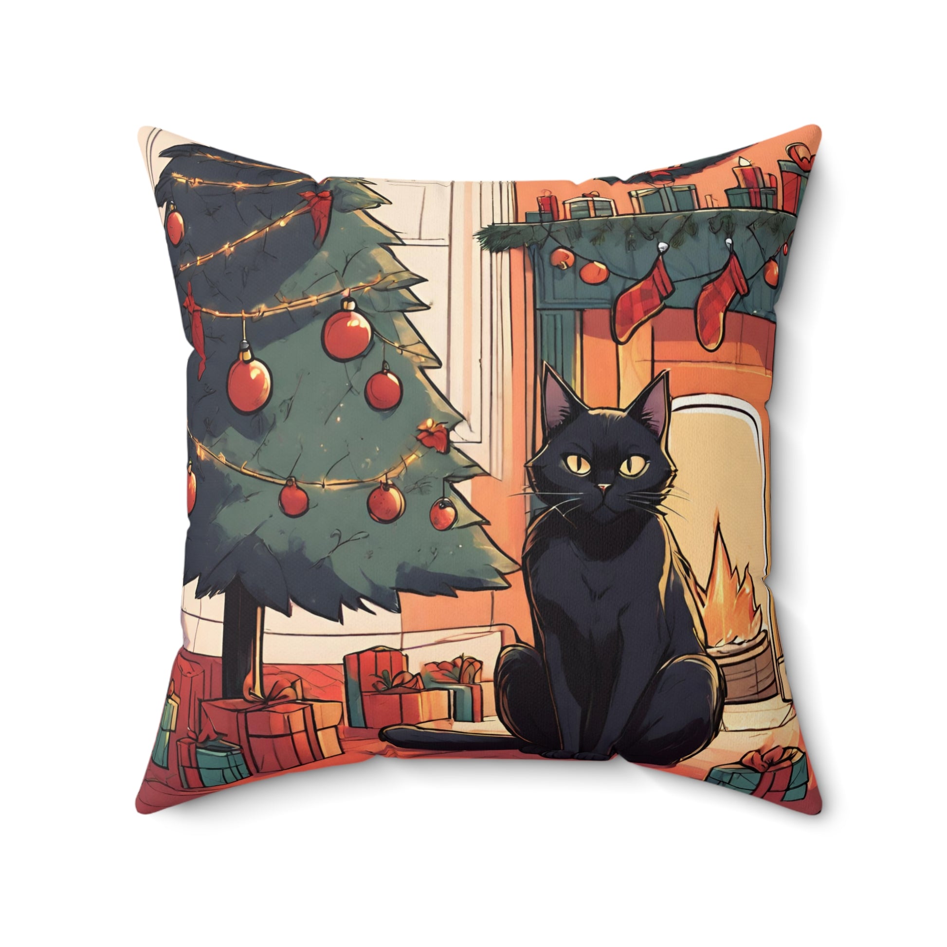 Black Cat Christmas Pillow, Kawaii Black Cat xmas Pillow, Cozy Cat Christmas Cushion, Cute Cat Christmas home decor, Kawaii xmas room decor