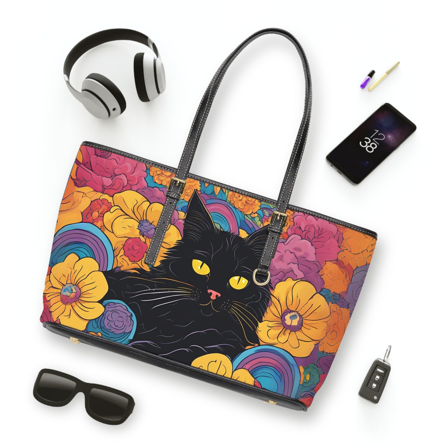 Floral Black Cat Shoulder Bag