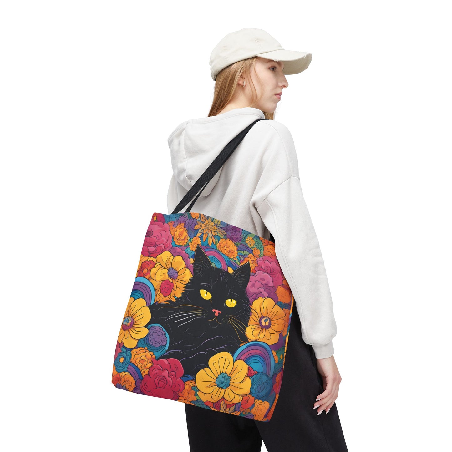 Floral Black Cat Canvas Tote Bag