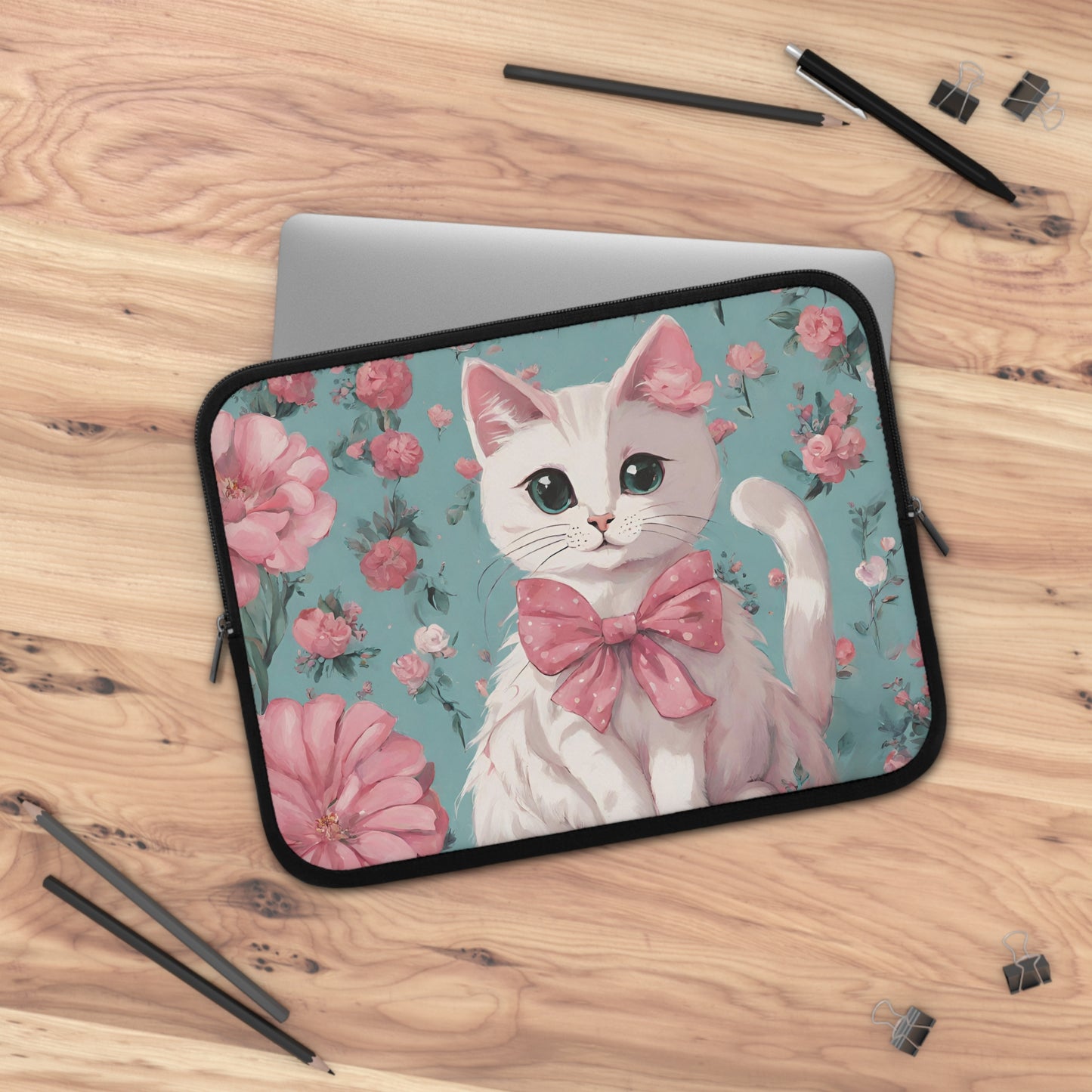 White Cat with Flowers Laptop Sleeve