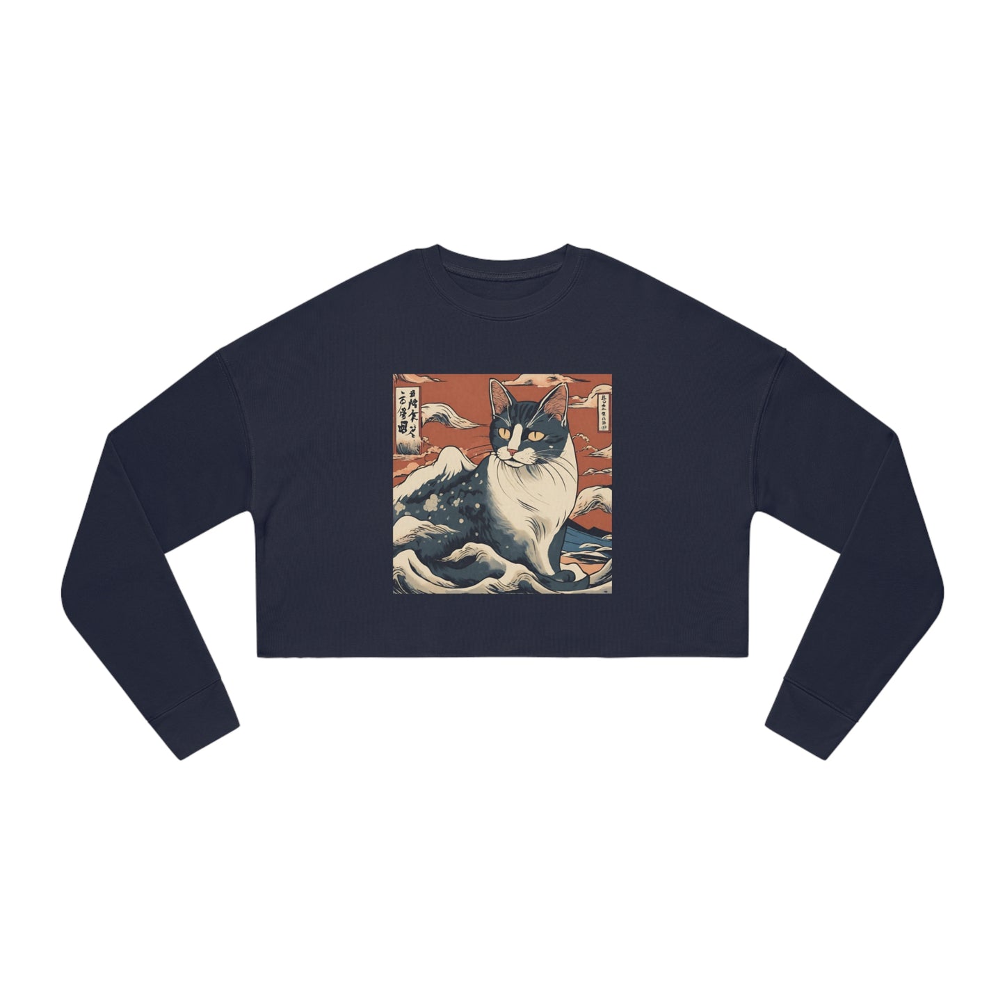 The great wave Cat Women's Cropped Sweatshirt