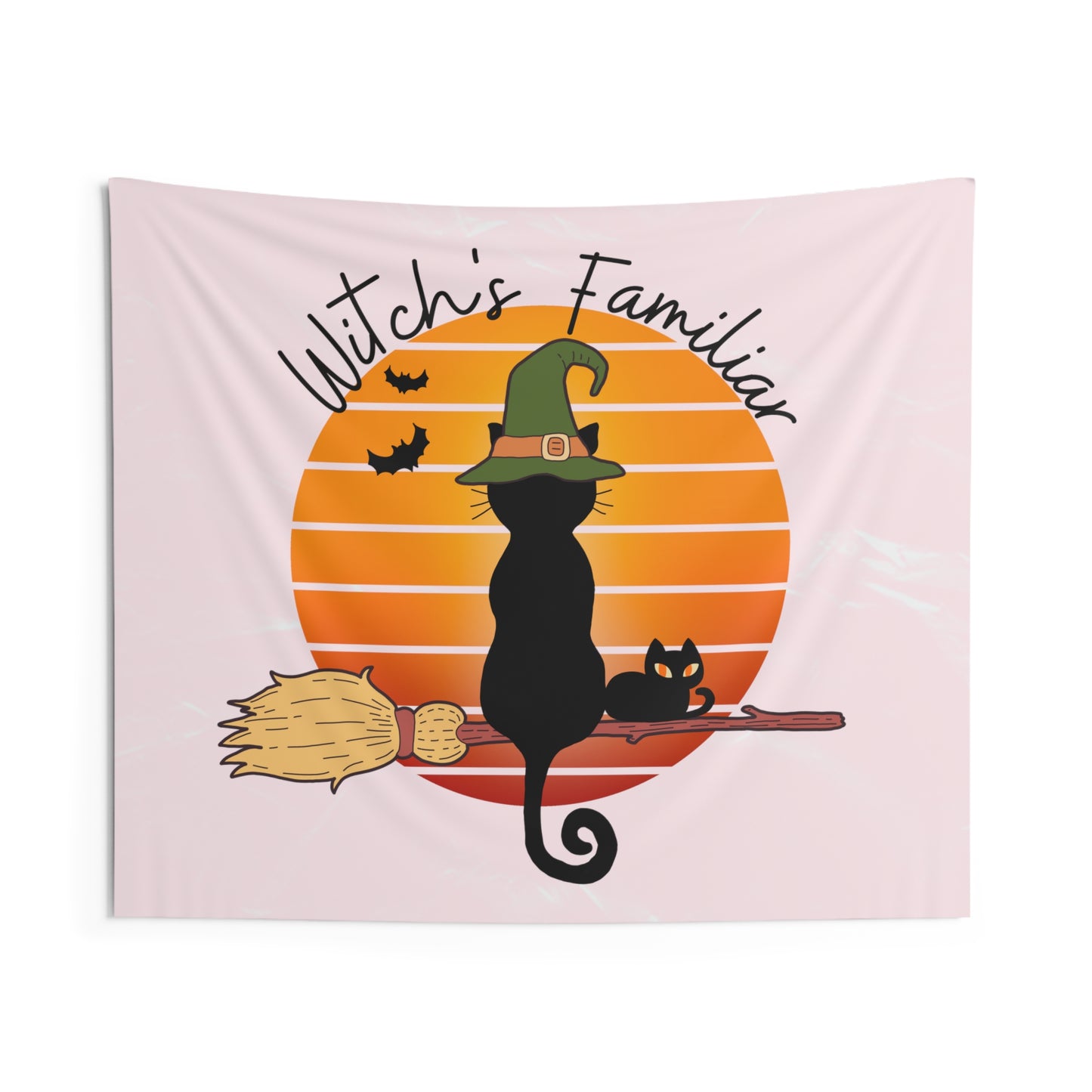 Witchy Cat Retro Vintage Sunset Indoor Wall Tapestries, Black Cat Familiar Tapestry, Spooky room decor, Cute Mystical magical Home decor