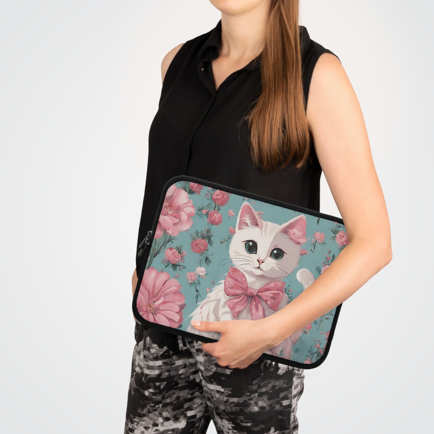 White Cat with Flowers Laptop Sleeve