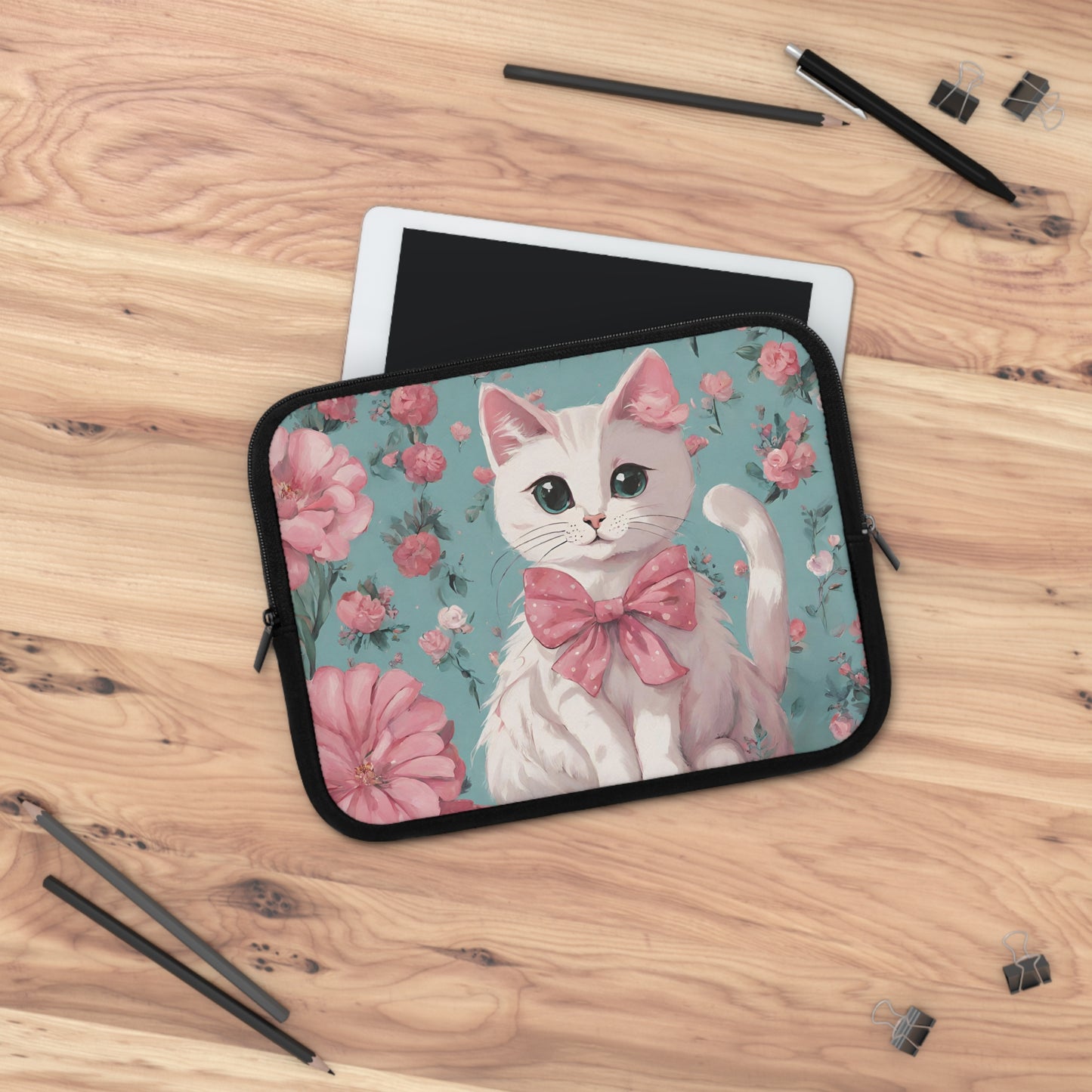 White Cat with Flowers Laptop Sleeve