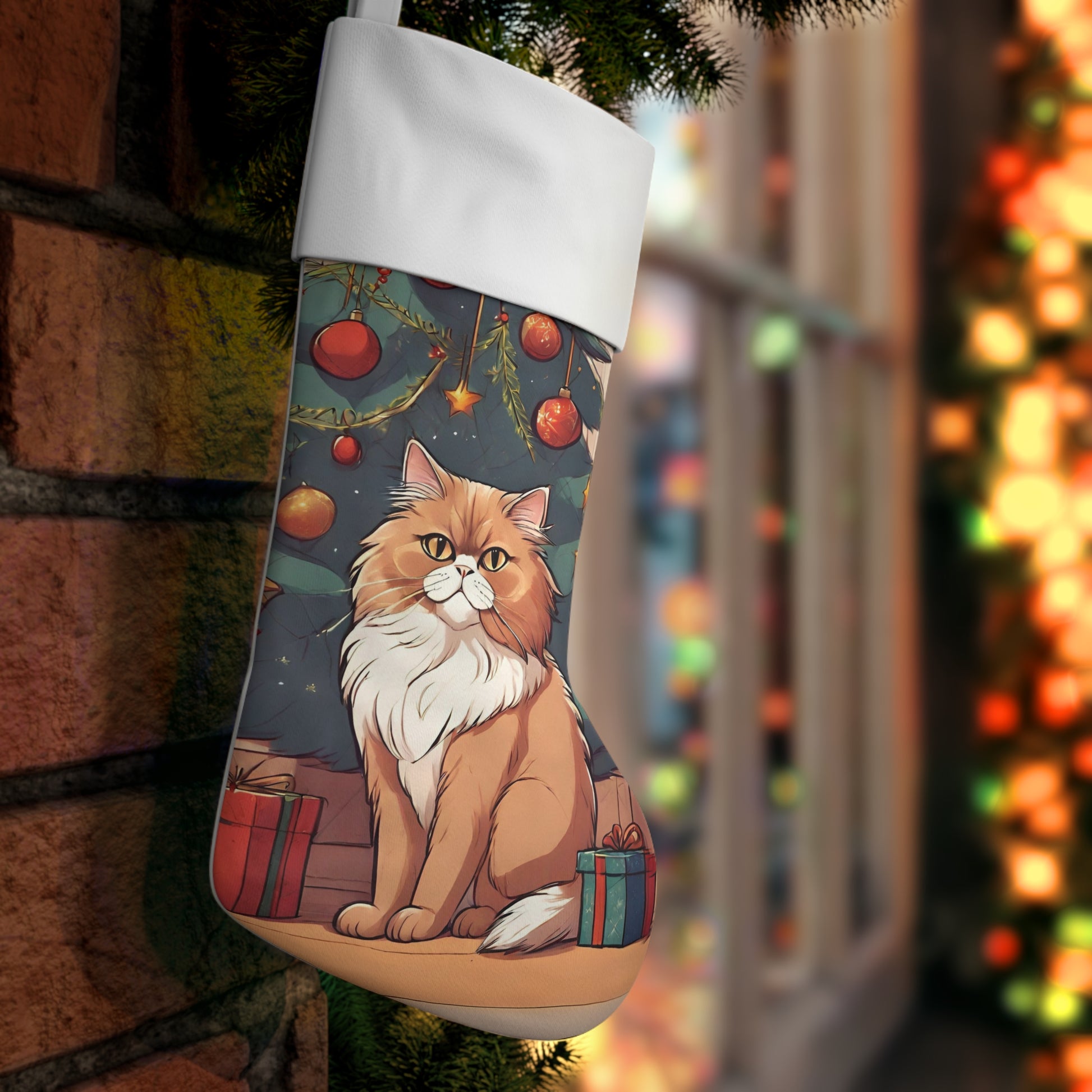Persian cat Xmas Stocking, Cute cat Christmas Holiday Stocking, Ginger cat festive christmas decoration, cozy Persian cat Christmas decor