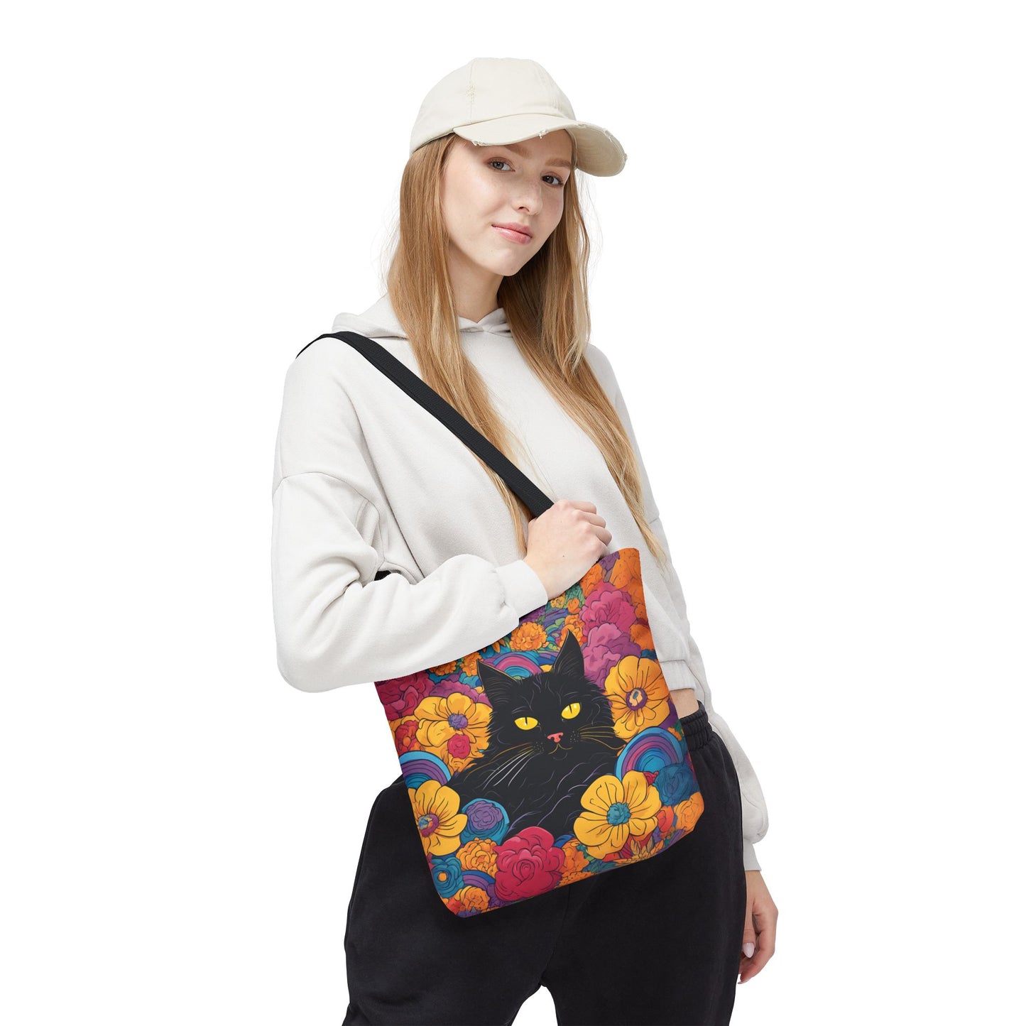 Floral Black Cat Canvas Tote Bag