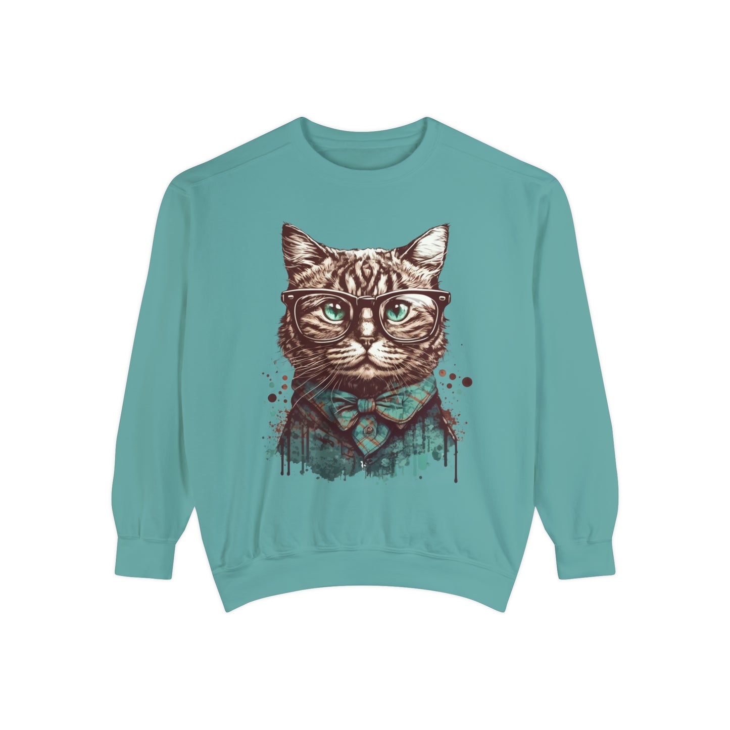 Nerd Cat Unisex Garment-Dyed Sweatshirt, Geeky cat Comfort Colors sweater, Cute cat pullover, Nerdy cat jumper, cozy gift for cat lovers