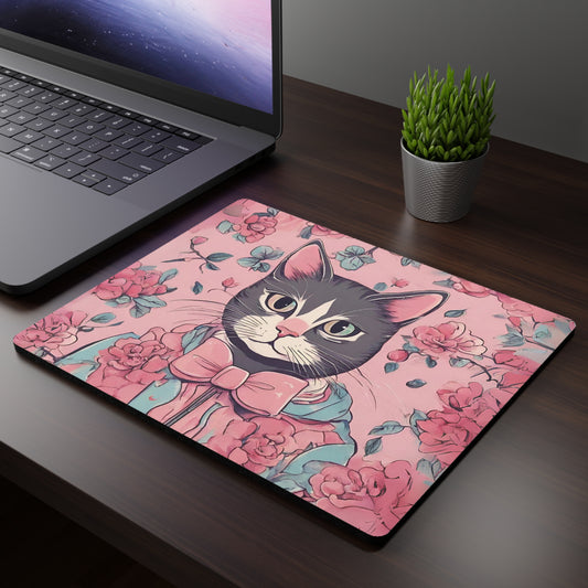 Victorian Cat Mouse Pad, Cute flowers cat mousepad, cat lover gift, Floral girly cat desk accessories vintage mousepad cottagecore aesthetic