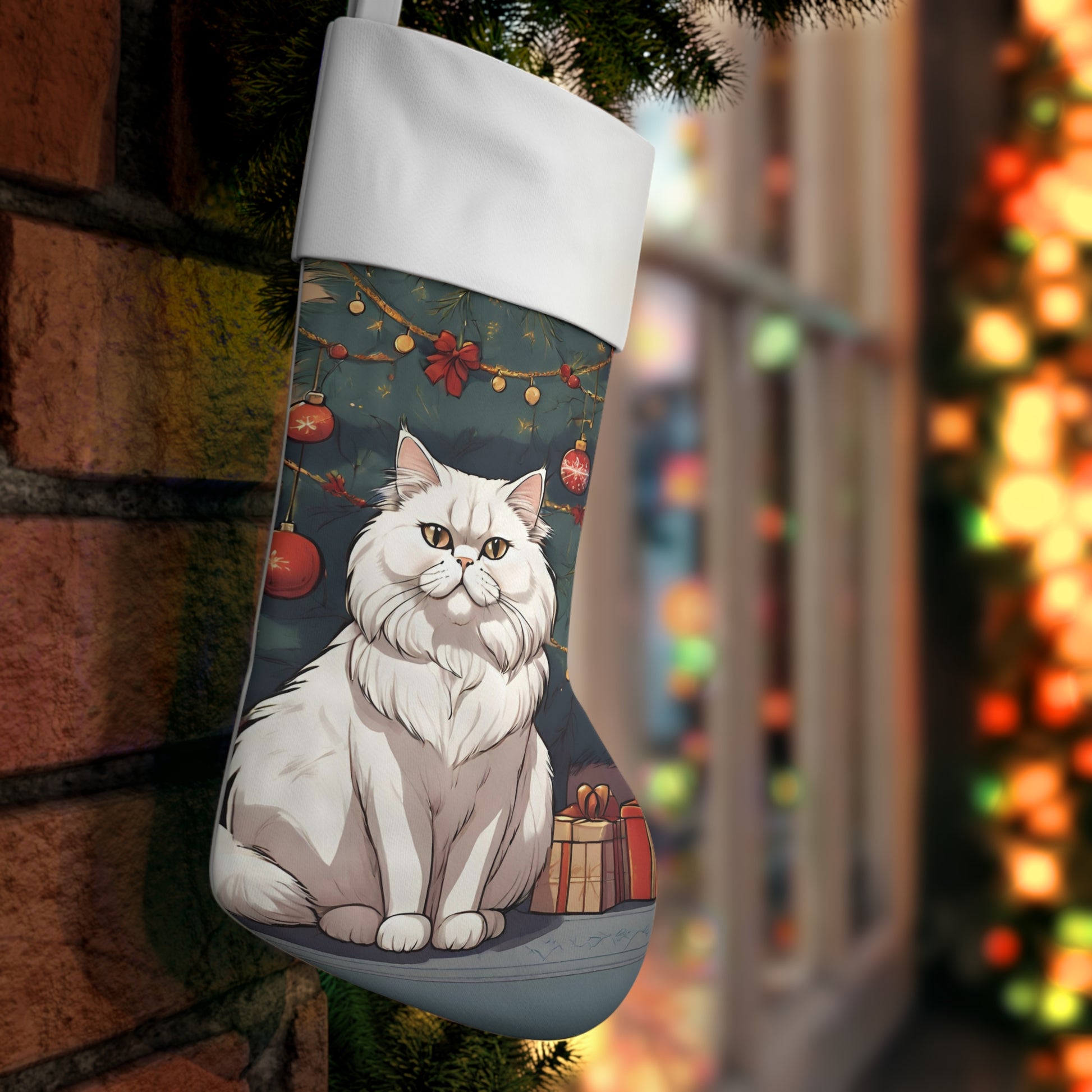 White Persian cat Xmas Stocking, Cute cat Christmas Holiday Stocking, Cat festive christmas decoration, cozy Persian cat Christmas decor