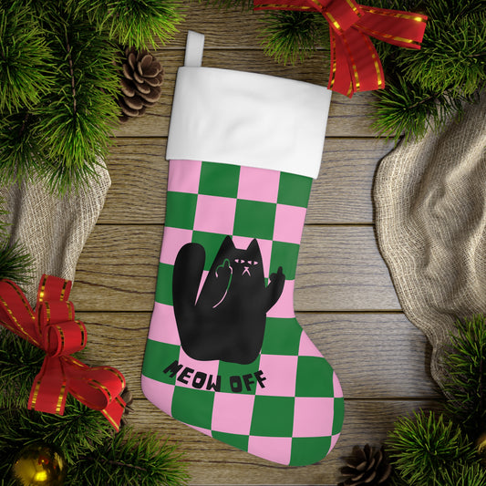 Checkered Funny cat Christmas Stocking, Black Cat pointing middle finger meow off, Fuck you cat Holiday Stocking, cat lover gift home décor